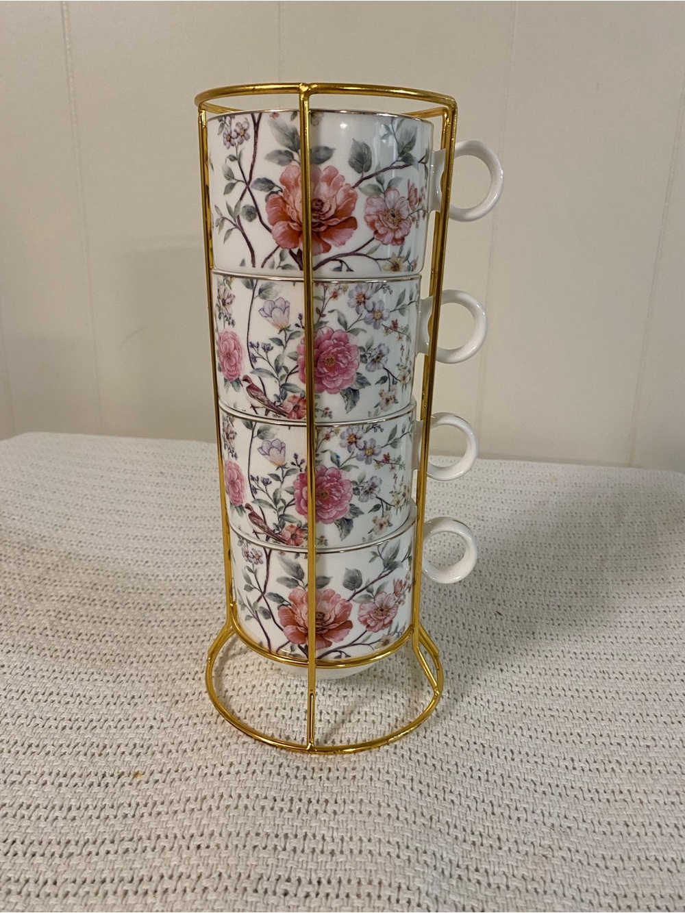 VintageFloral Porcelain Stackable Mug Set with Gold Stand